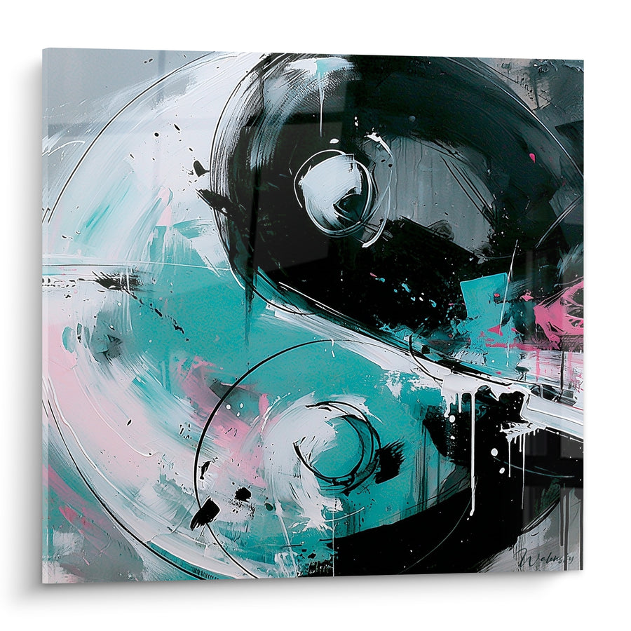 Tableau Symbole noir et turquoise aux éclaboussures roses - Équilibre en mouvement - Edition Yin Yang