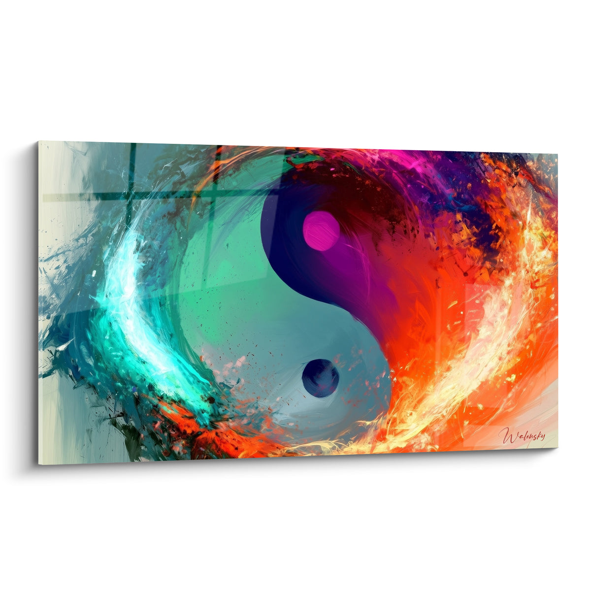 Yin Yang en tourbillon turquoise et orange flamboyant, points magenta et bleu nuit contrastés