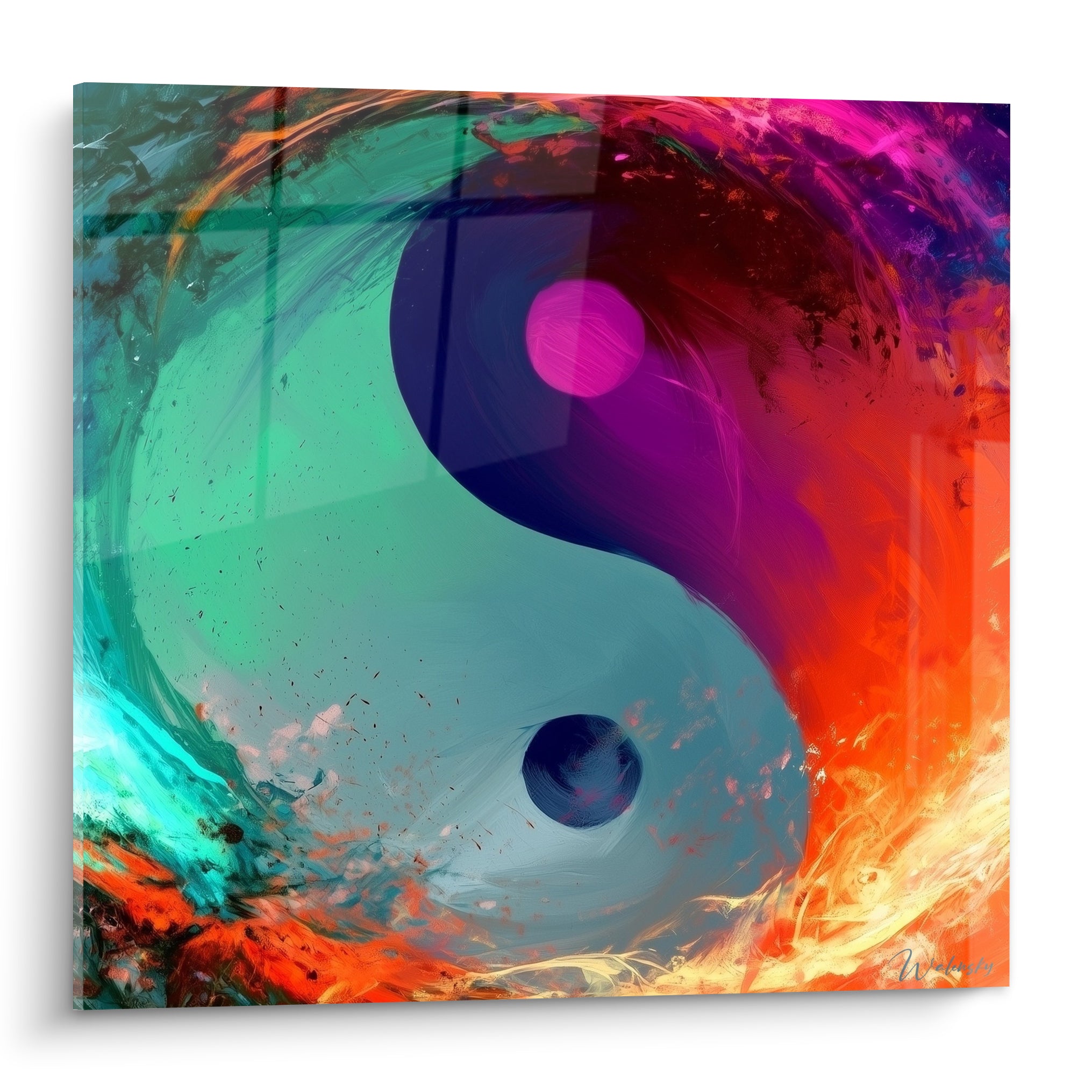 Yin Yang turquoise et violet aux points magenta et bleu marine, effet flammé orangé