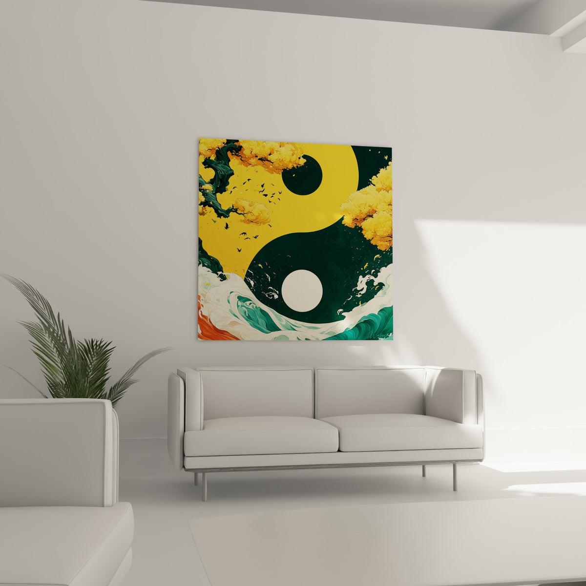Vagues vertes et arbre doré du Yin Yang, contraste jour et nuit, au-dessus d'un canapé dans un salon lumineux