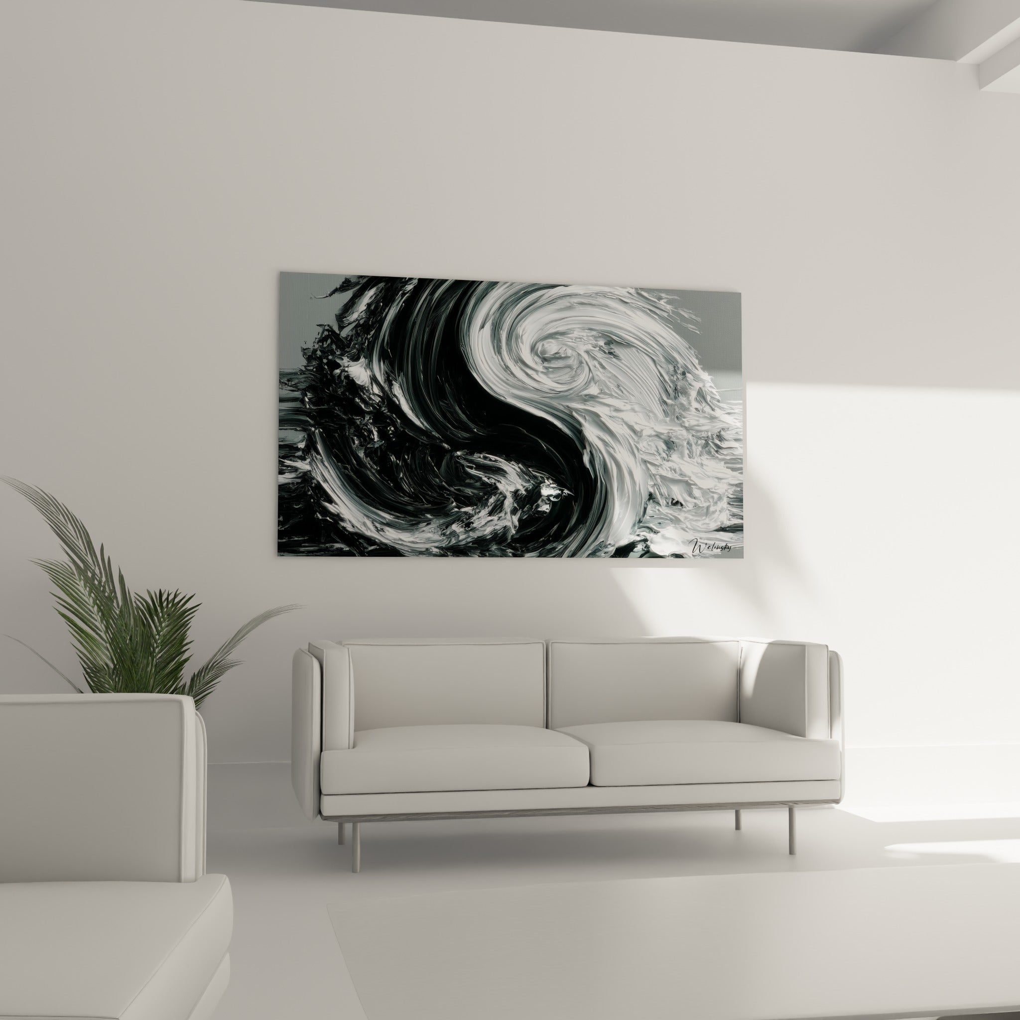 Vague Yin Yang blanche et noire aux reliefs texturés placée au-dessus d'un canapé dans un salon lumineux