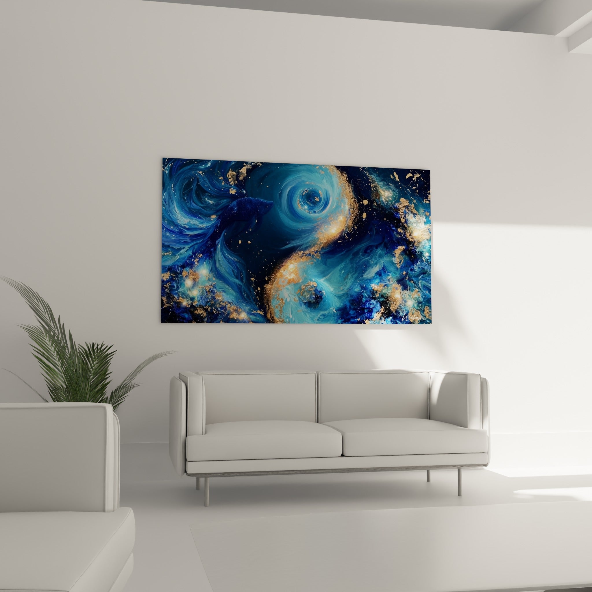 Tourbillon Yin Yang bleu nuit et éclats dorés au-dessus d'un canapé dans un salon lumineux