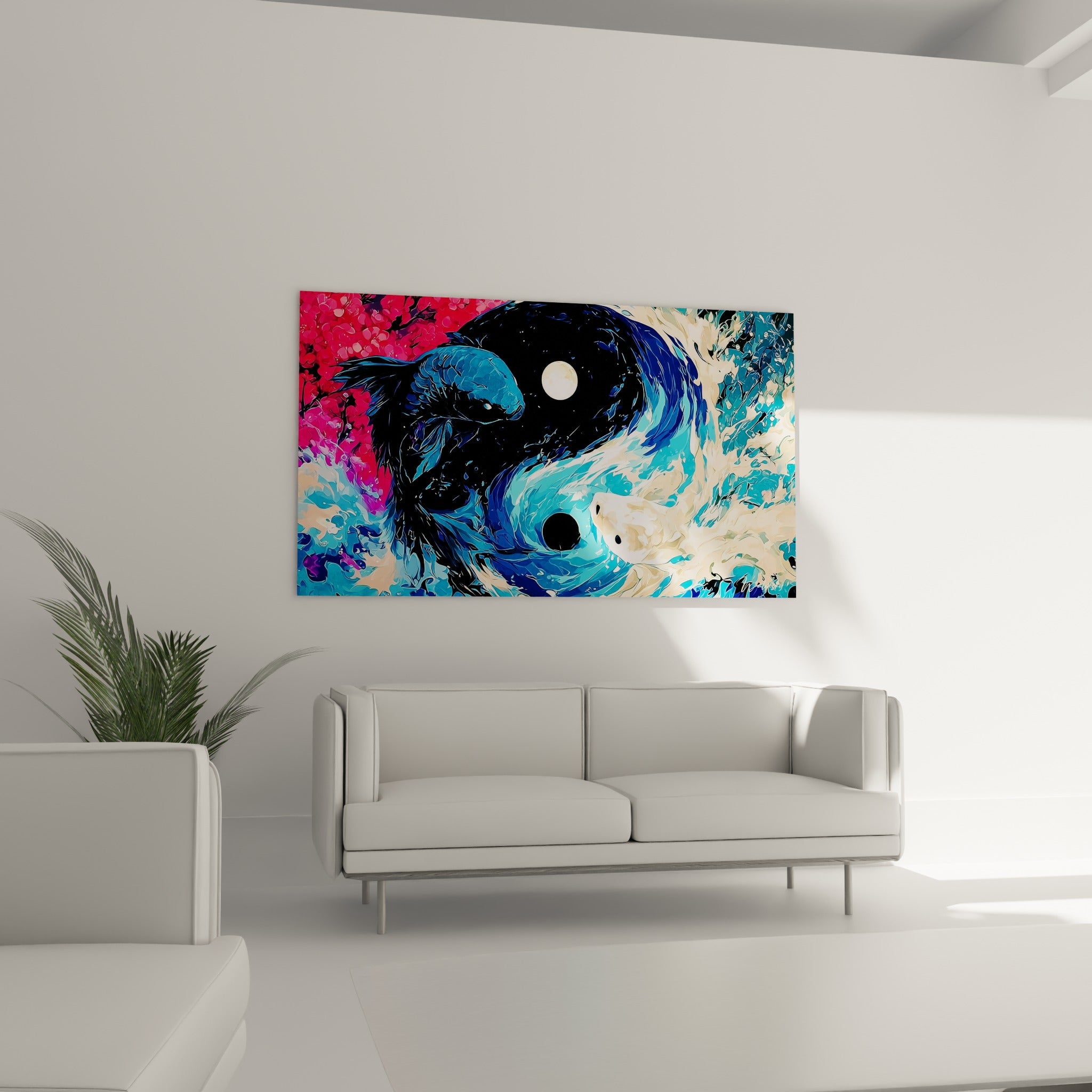 Yin Yang rose fuchsia et bleu profond, cercle symbolique fluide, au-dessus d'un canapé dans un salon lumineux