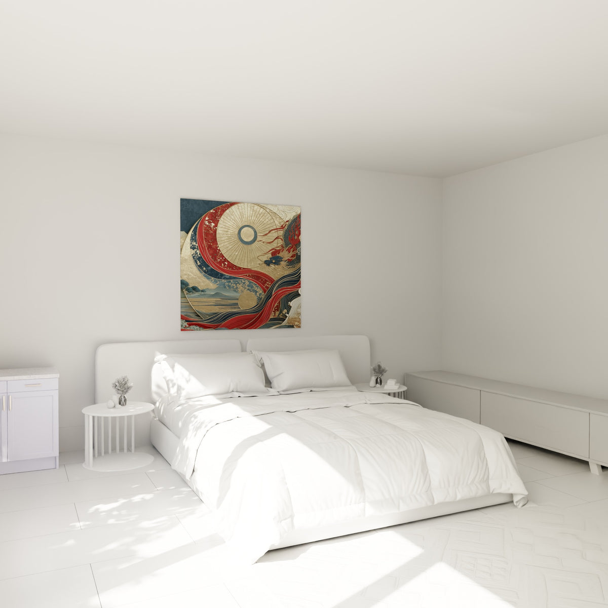 Vagues terracotta et dragon bleu marine du tableau Yin Yang au-dessus d'un lit dans une chambre claire