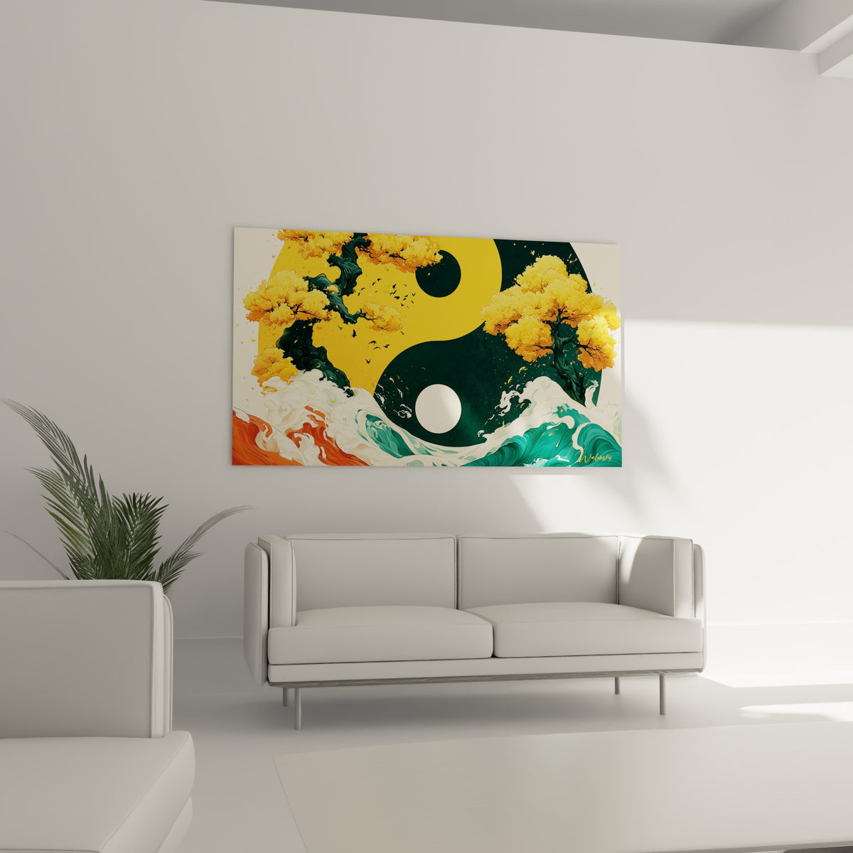 Vagues terracotta et turquoise entourant le symbole Yin Yang doré, au-dessus d'un canapé dans un salon lumineux
