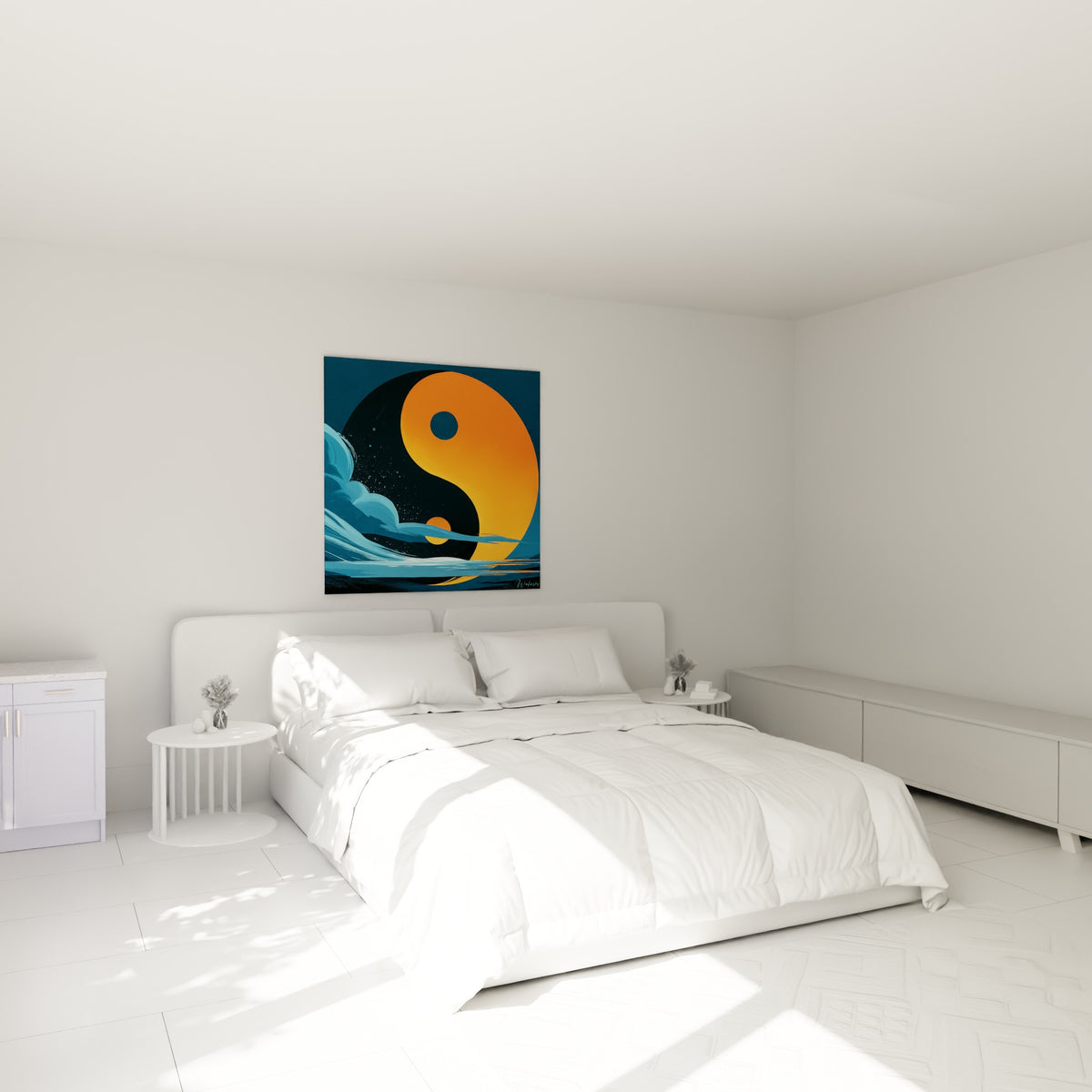 Yin Yang orange vif traversé de vagues bleu pétrole, au-dessus d'un lit dans une chambre claire