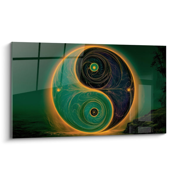 Tableau Symbole vert émeraude aux volutes dorées - Souffle circulaire - Edition Yin Yang