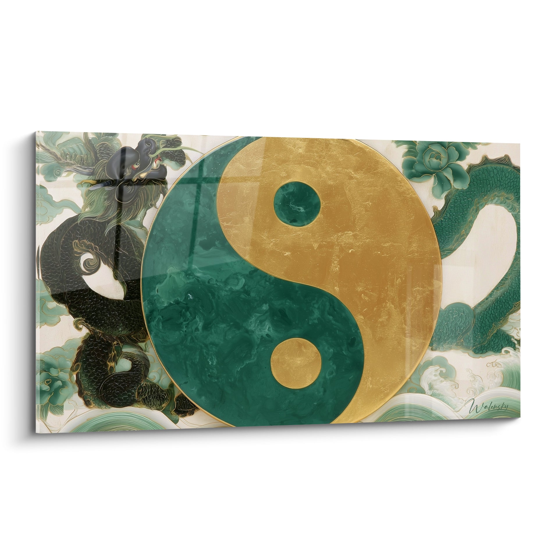 Yin Yang vert émeraude et doré entouré d'un dragon et d'un gardien mythique noir