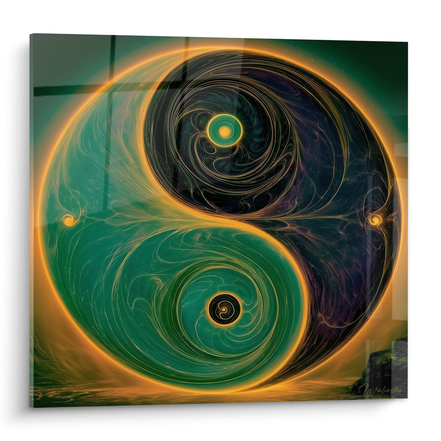 Tableau Symbole émeraude et noir aux volutes dorées - Contour lumineux incandescent - Edition Yin Yang