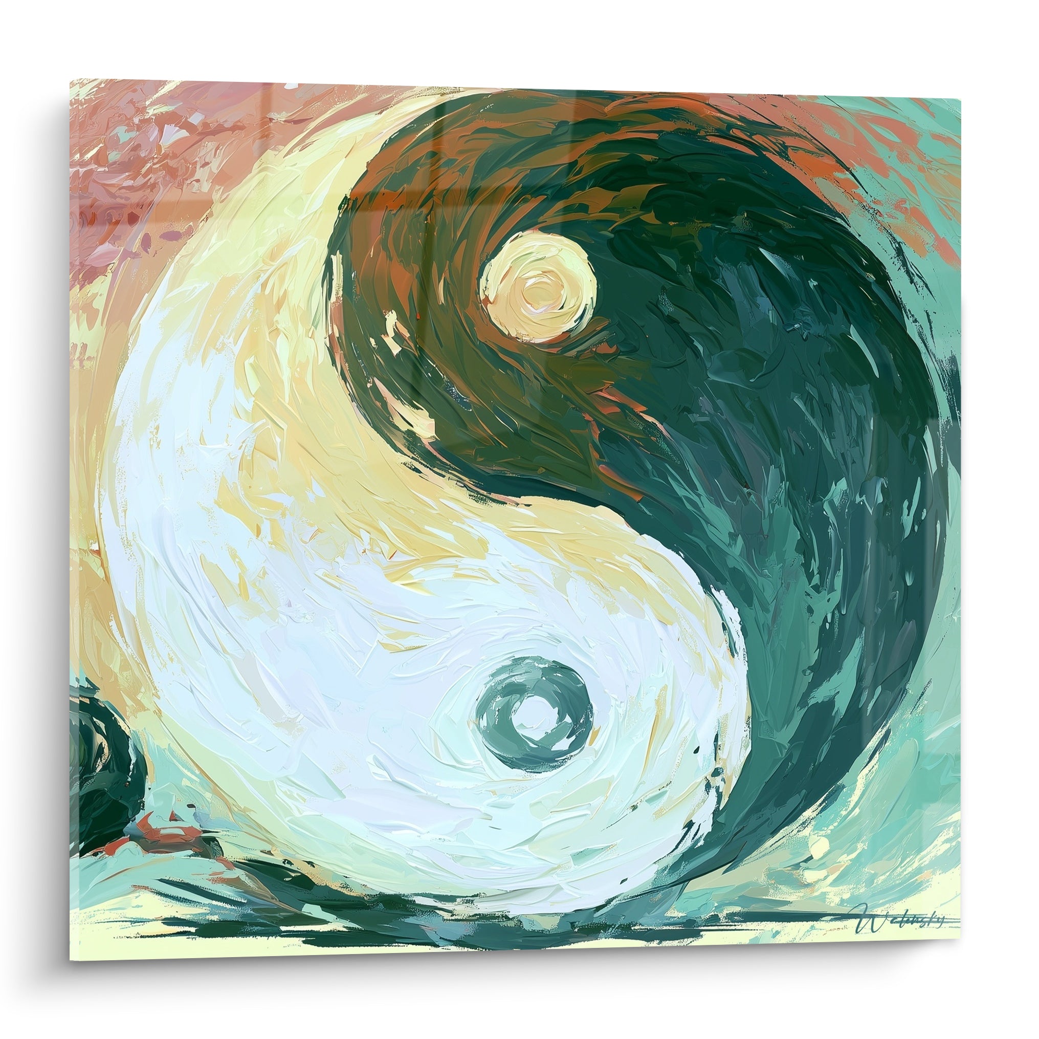 Yin Yang peint en spirales ivoire et vert émeraude, empâtements à la spatule et reflets dorés