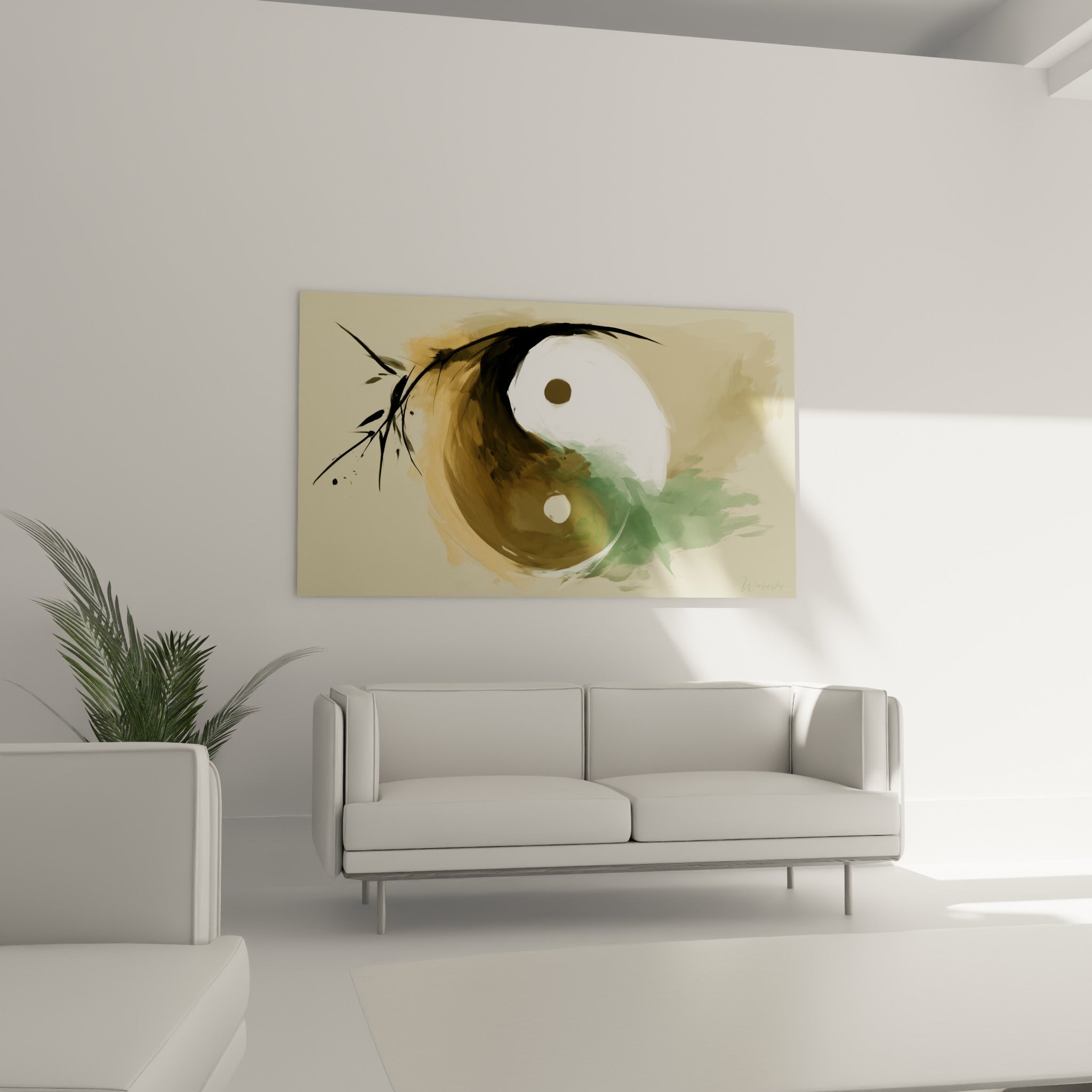 Yin Yang vert sauge et terracotta, courbes fluides, au-dessus d'un canapé dans un salon lumineux