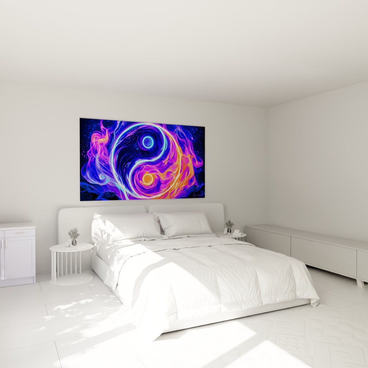 Flammes bleues et violettes du Yin Yang au-dessus d'un lit dans une chambre claire