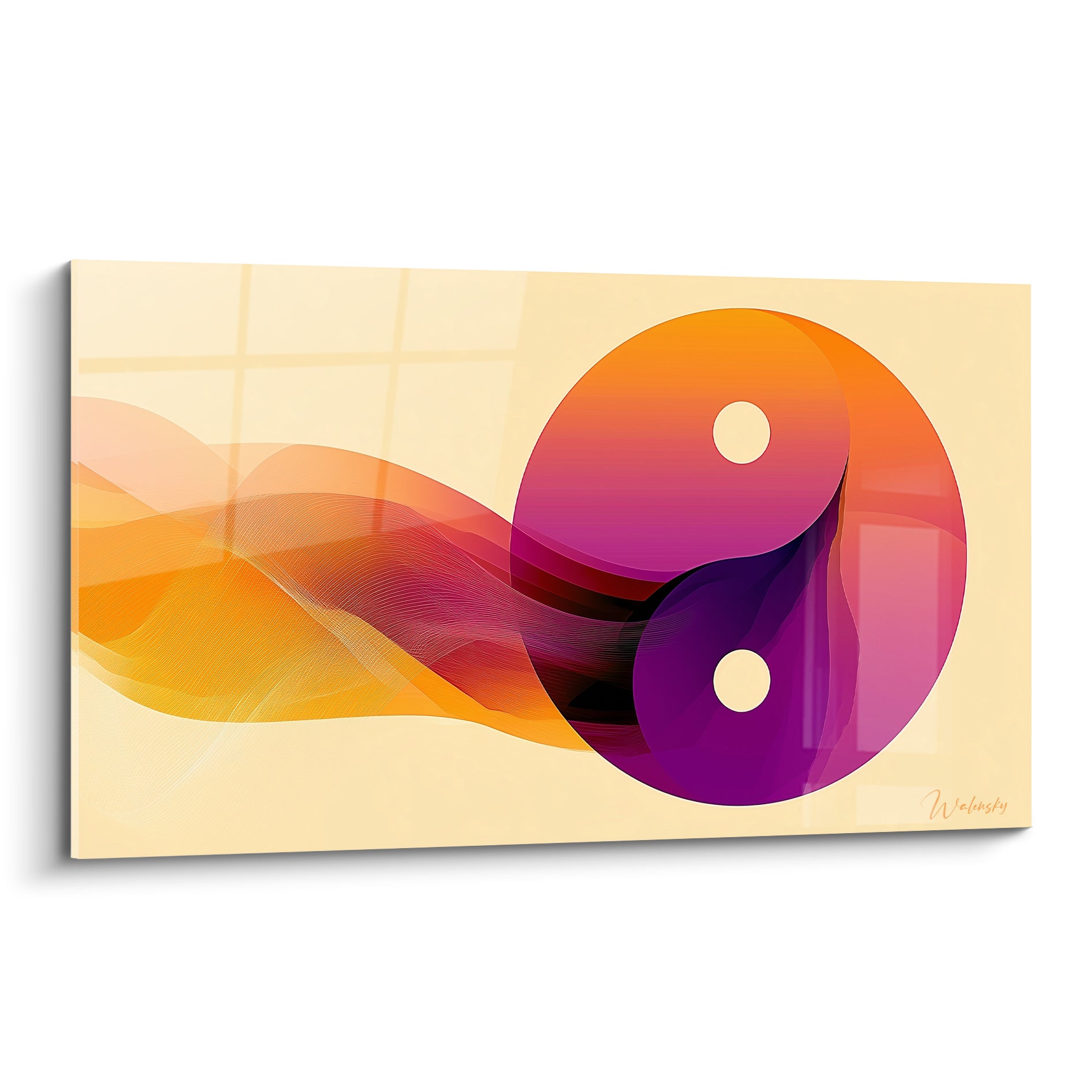 Symbole Yin Yang aux dégradés orange et violet, volutes fluides sur fond crème pâle