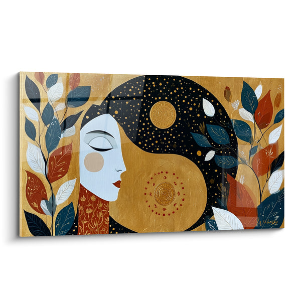 Tableau Visage doré aux motifs symboliques - Méditation cosmique - Edition Yin Yang