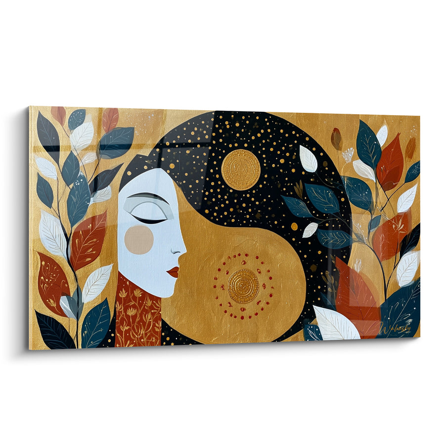 Tableau Visage doré aux motifs symboliques - Méditation cosmique - Edition Yin Yang