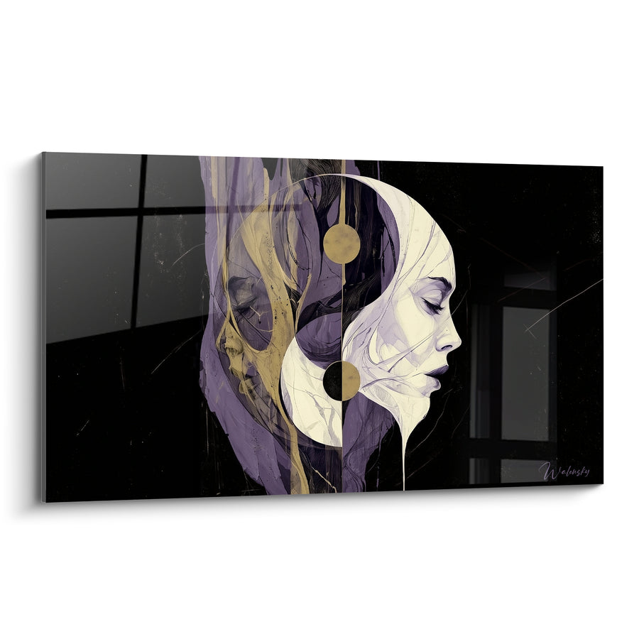 Tableau Visage violet et ivoire aux voiles dorés - Dualité intérieure - Edition Yin Yang