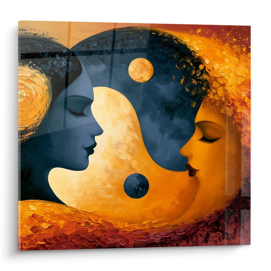 Visages Yin Yang bleu marine et ocre doré entrelacés dans une composition symbolique aux empâtements terracotta