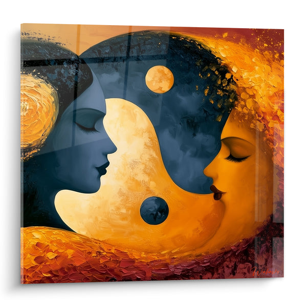 Tableau Visages bleu marine et ocre entrelacés - Étreinte céleste - Edition Yin Yang