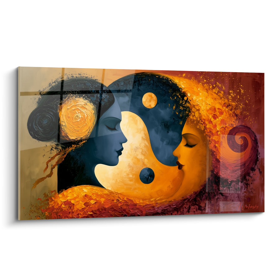 Tableau Deux visages bleu marine et orange fusionnés - Étreinte des contraires - Edition Yin Yang