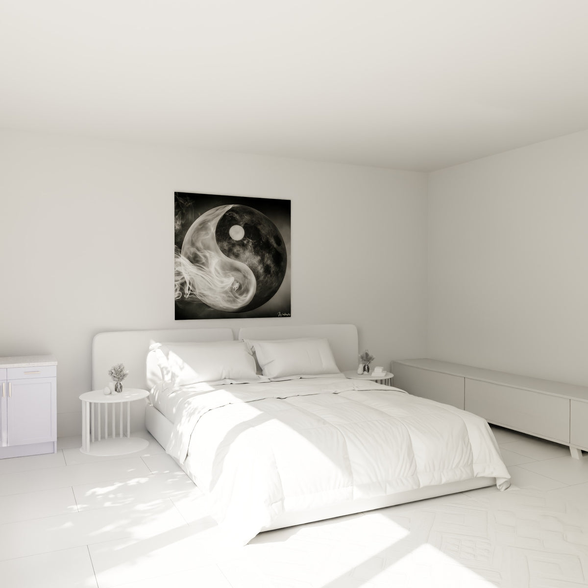 Volutes blanches et sphère anthracite du Yin Yang au-dessus d'un lit dans une chambre claire