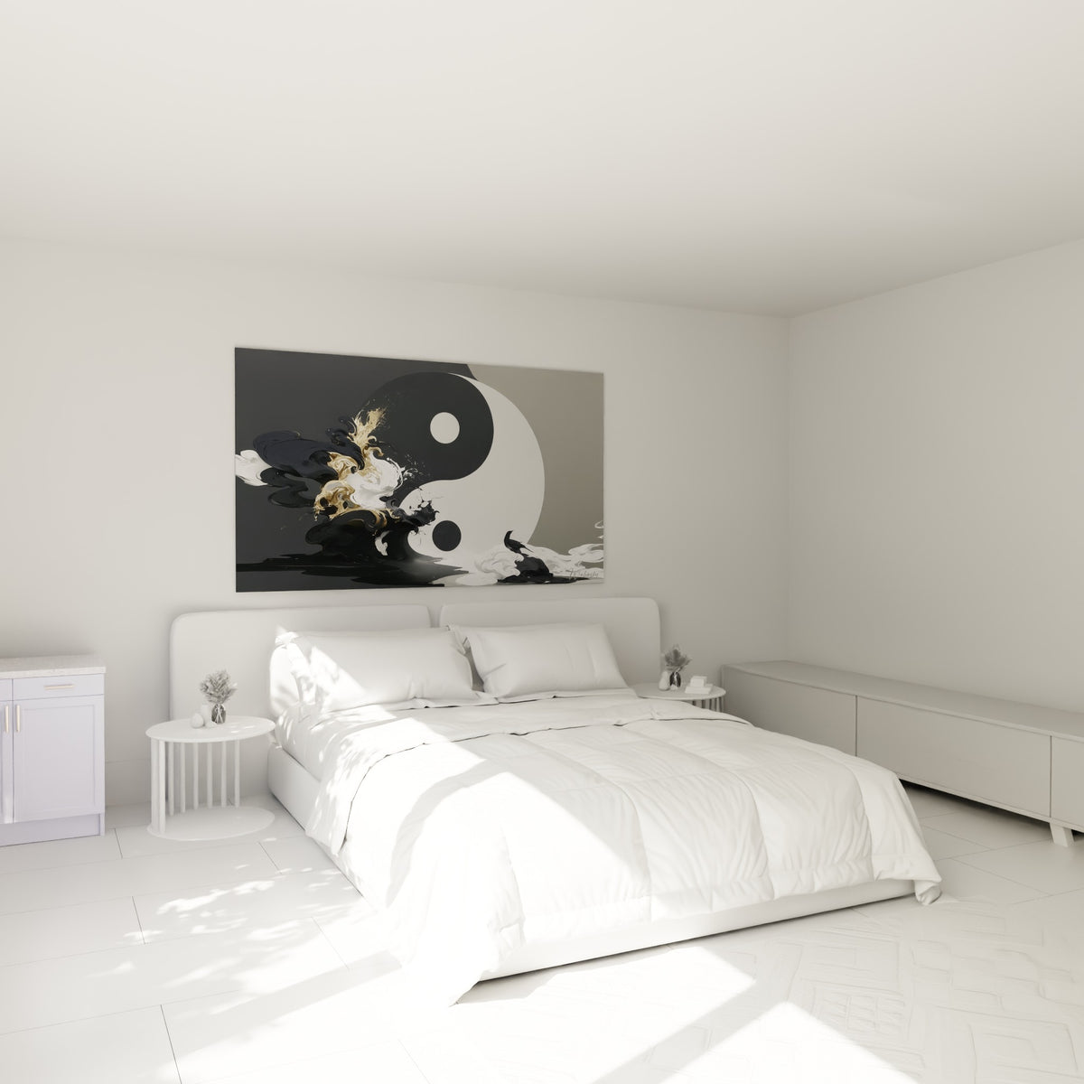 Volutes dorées et noires du Yin Yang au-dessus d'un lit dans une chambre claire