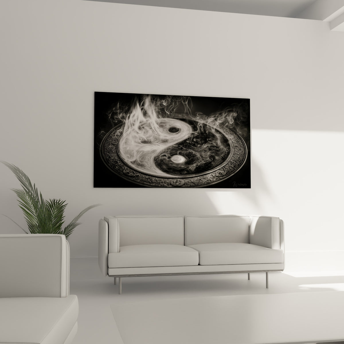 Symbole Yin Yang fumée grise et blanche au-dessus d'un canapé dans un salon lumineux