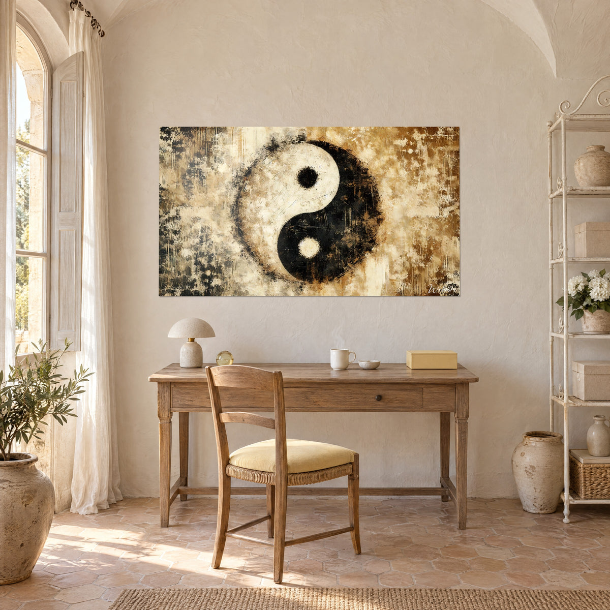 Πίνακας δίσκος yin yang σε κρεμ και μαύρο, φόντο με μπεζ και καφέ κηλίδες, πάνω από γραφείο από ανοιχτόχρωμο ξύλο, λευκός τοίχος