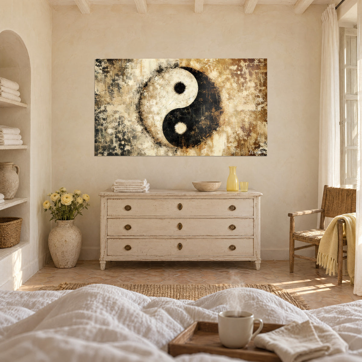 Πίνακας yin yang με μαύρη, κρεμ και χρυσοκαφέ υφή, απέναντι σε λευκά σεντόνια, πάνω από κρεβάτι σε φωτεινή κρεβατοκάμαρα