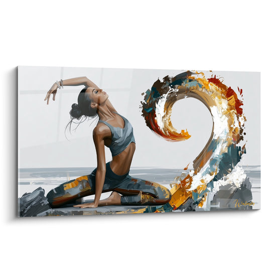 Tableau Yogini cambrée aux vagues ocre et anthracite - Souffle en mouvement - Edition yoga