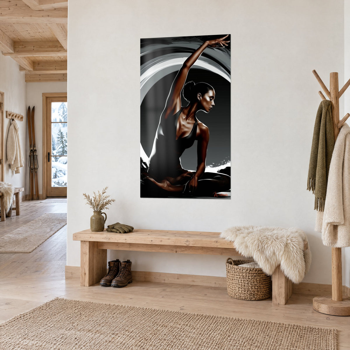 Wall art dancer in a side twist, black leotard and silver brushstroke circle, entrance of a wooden chalet