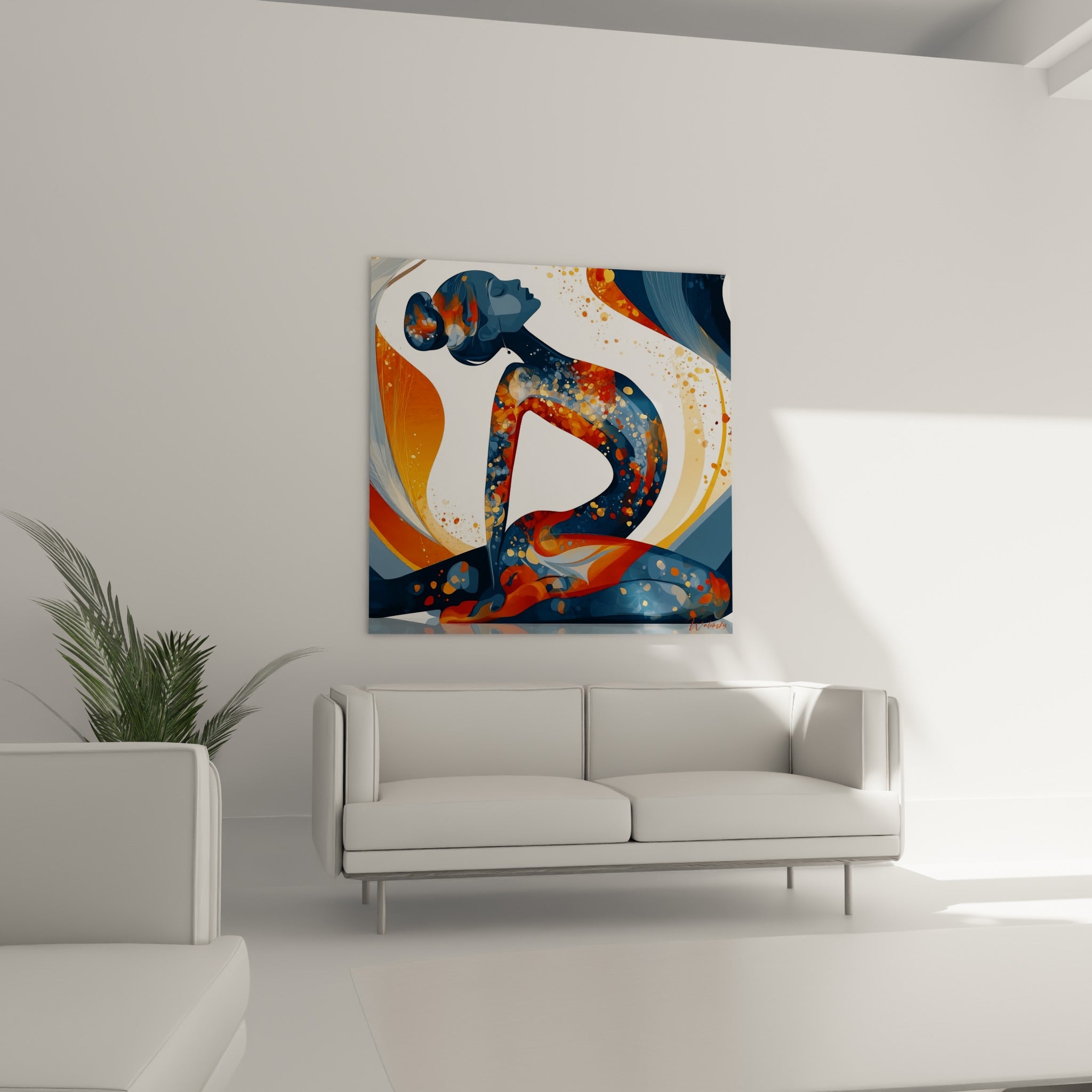 Corps cambré aux teintes orange et anthracite en pratique de yoga, au-dessus d'un canapé dans un salon lumineux
