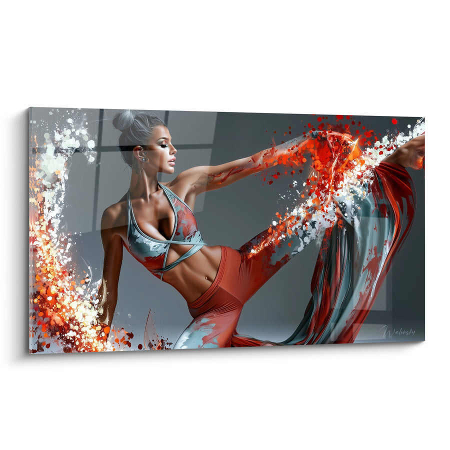 Tableau Danseuse en extension jambe tissu terracotta - Élan suspendu - Edition yoga