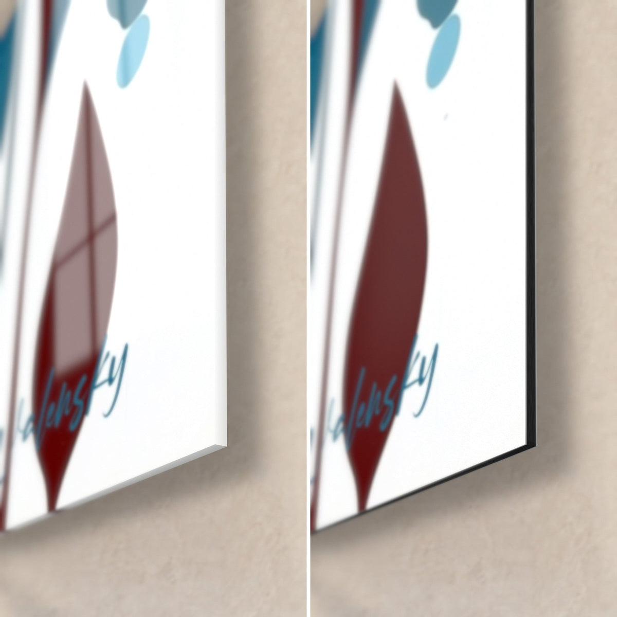 Wall art yogini in sky blue and deep red flat tones, bottom right corner: glossy acrylic glass on the left, matte black Dibond on the right