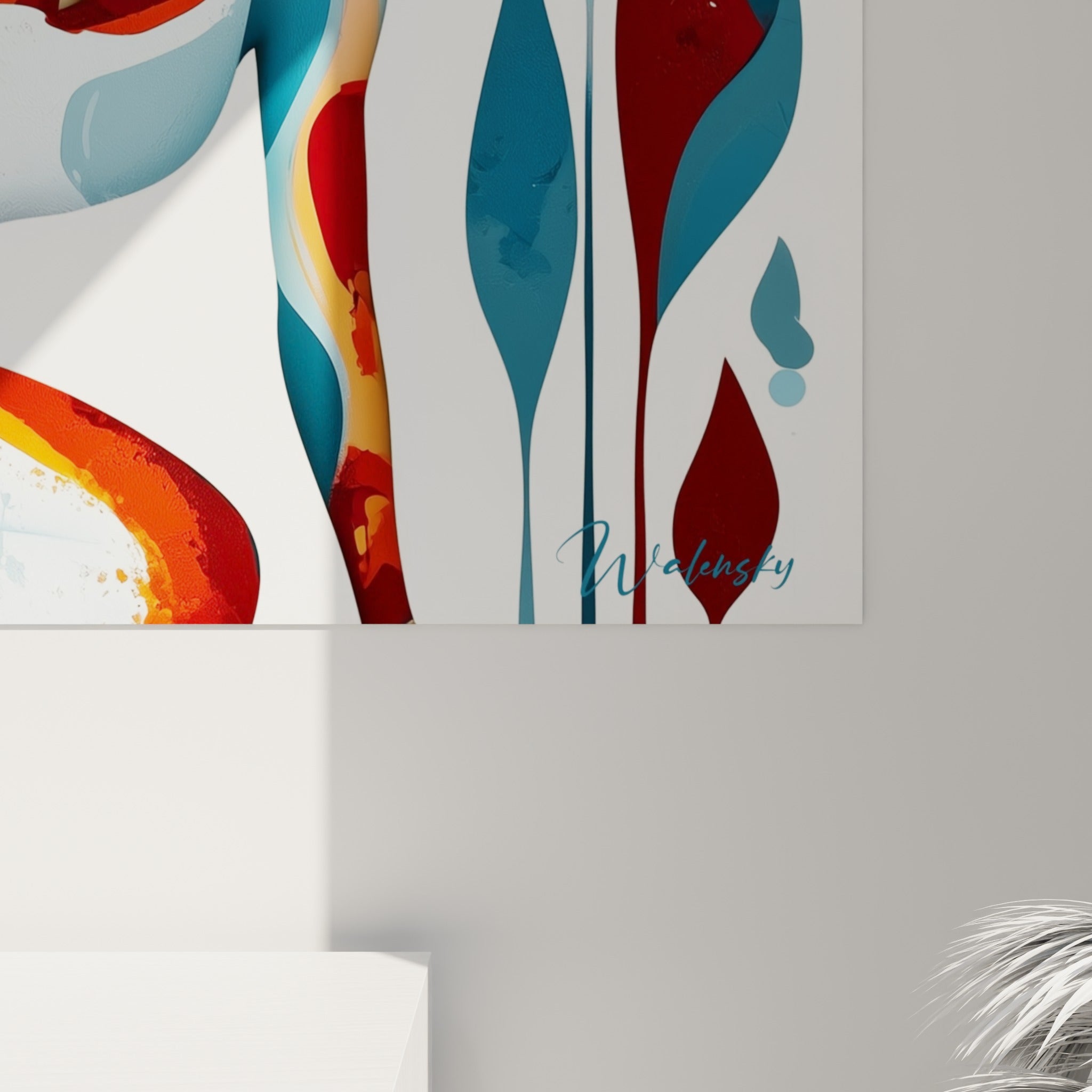 Détail des coulures orange et bleu pastel du tableau yoga, matière granuleuse et empâtements visibles