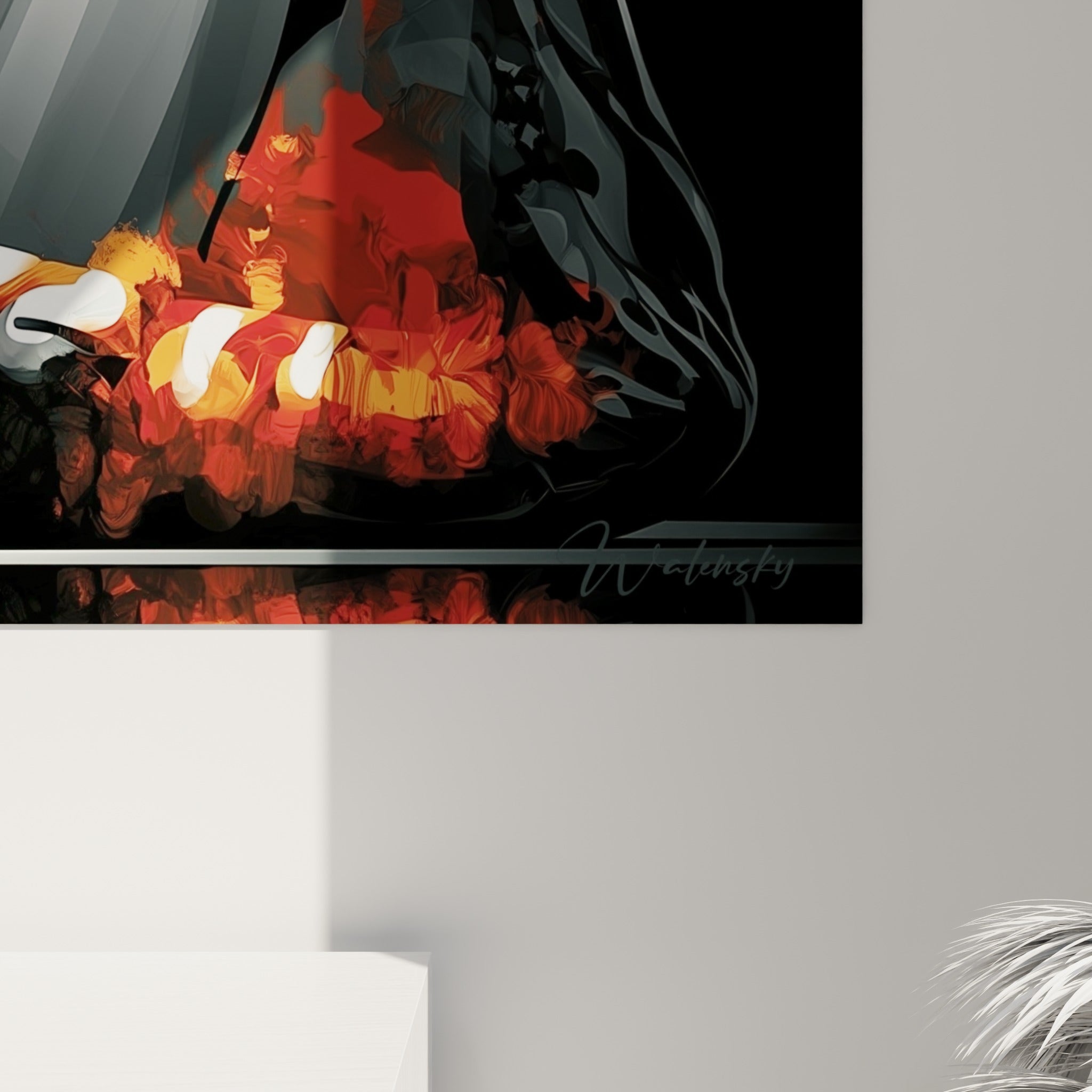 Empâtements et reflets sur la toile yoga révèlent la matière lisse, mêlant noir intense et touches ambrées