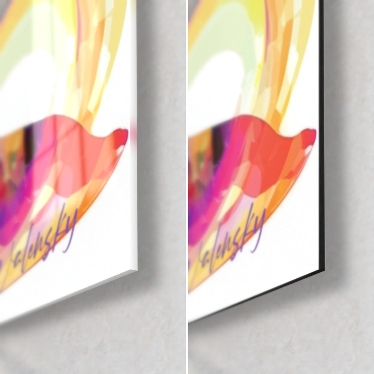 Wall art of a yoga silhouette, bottom right corner: glossy glass with reflections and matt black Dibond, violet Walensky signature