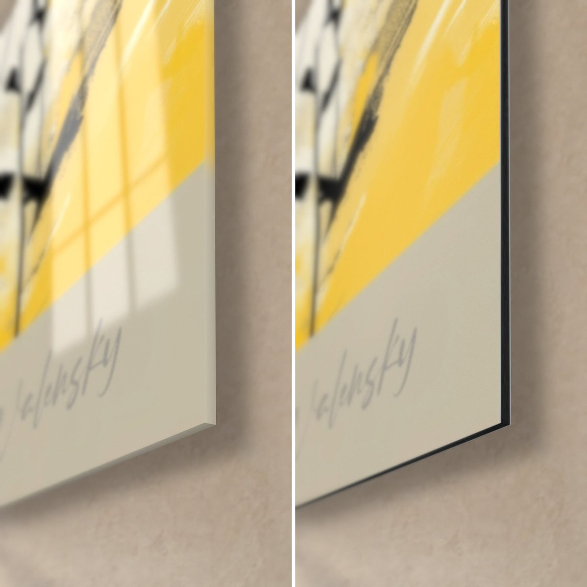 Wall art black yoga practitioner on yellow and cream background, bottom-right corner, glossy acrylic glass and matte Dibond, 3 mm thick