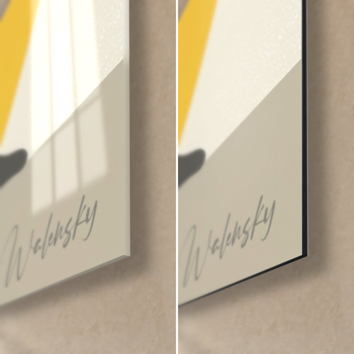 Wall art stylised yoga dancer, bottom right corner: glossy acrylic glass on the left, matt grey Dibond on the right, 3 mm edge