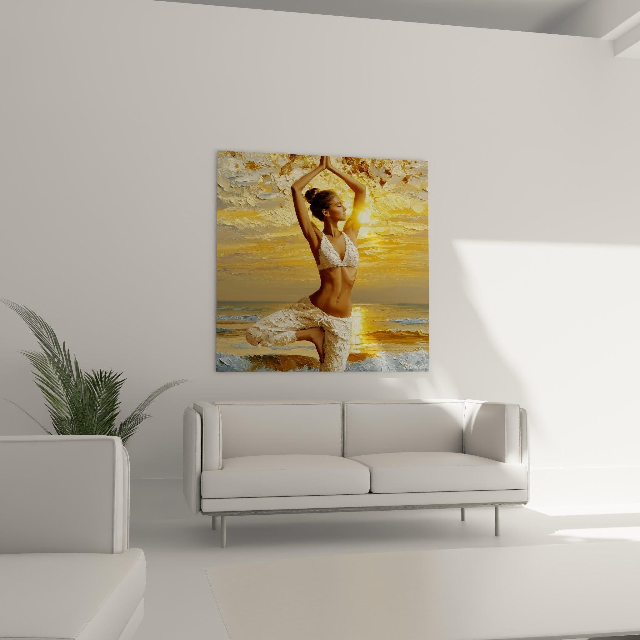 Femme méditant en équilibre, teintes ocre et blanches, au-dessus d'un canapé dans un salon lumineux