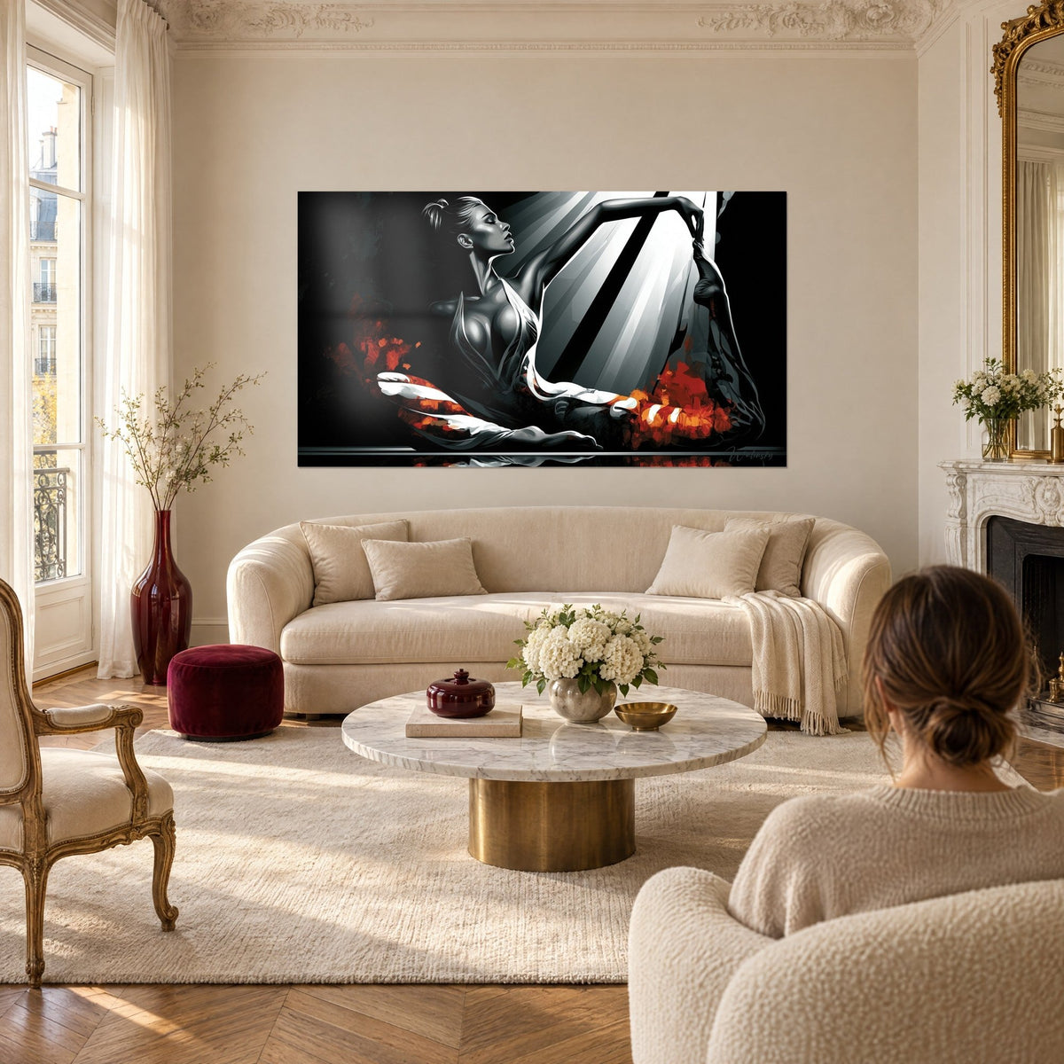 Wall art black-skinned dancer in a stretch, grey light rays and orange touches, above a sofa in a bright living room