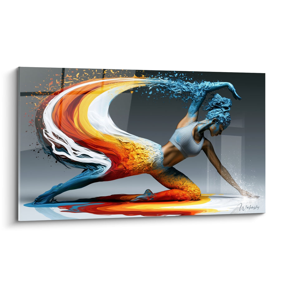 Tableau Yogini fusionnant couleurs bleu et orangé - Énergie en fusion - Edition yoga