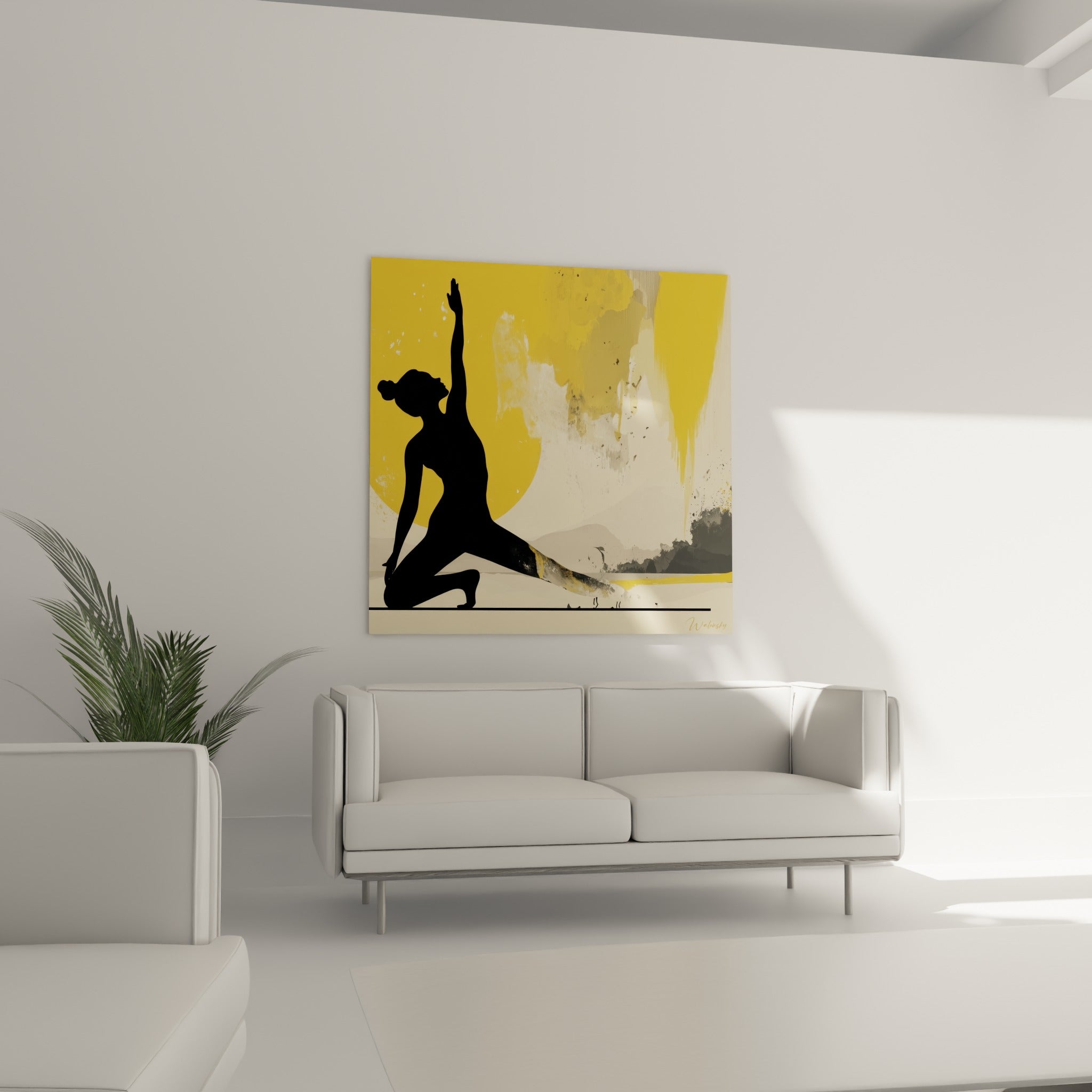 Figure de yoga noire étirée vers un soleil ocre, au-dessus d'un canapé dans un salon lumineux