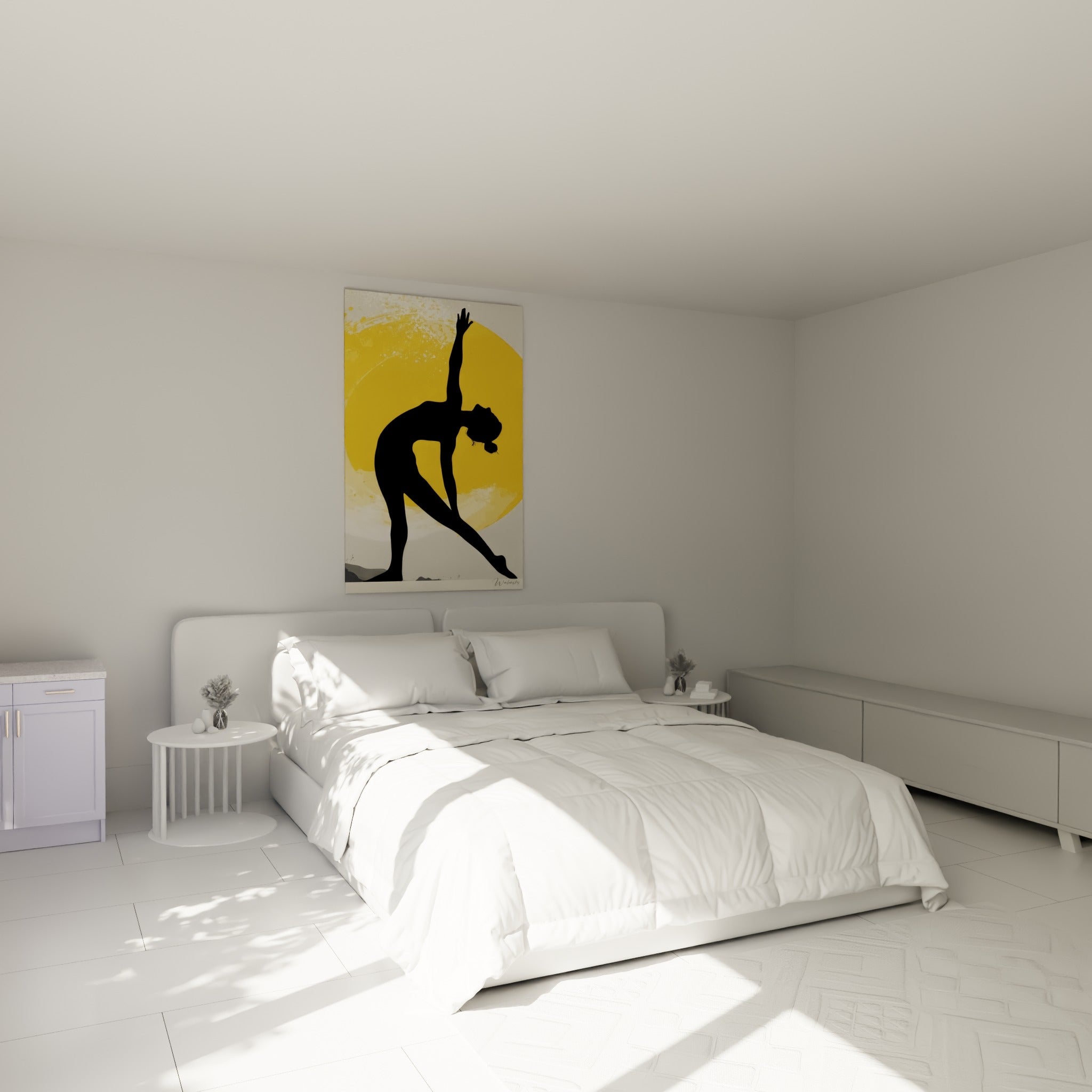 Pratiquante de yoga en torsion noire sur fond jaune, accrochée au-dessus d'un lit dans une chambre claire