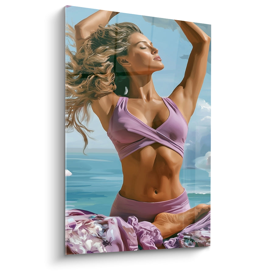 Tableau Femme mauve étirée face à la mer - Éveil du corps - Edition yoga