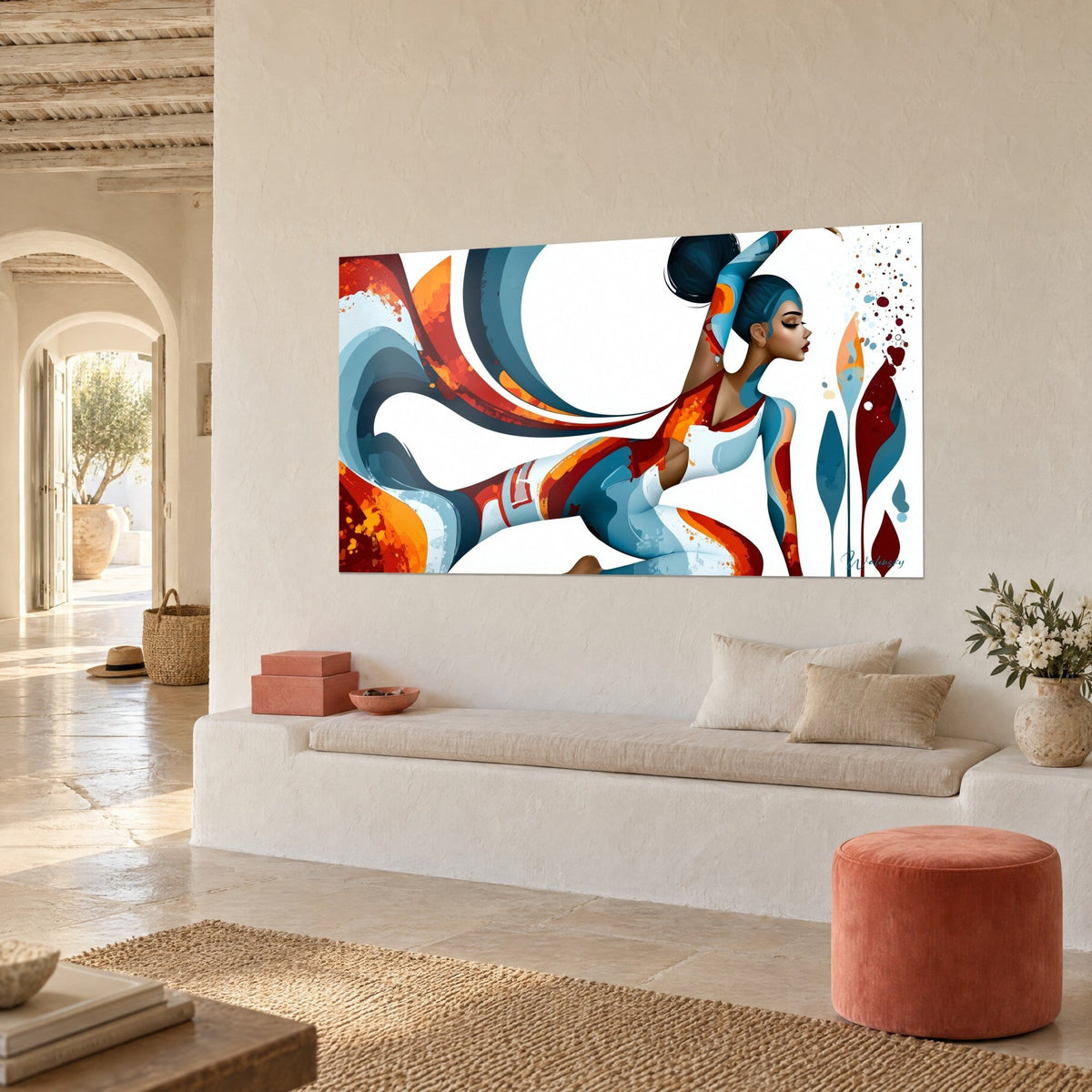 Wall art female silhouette in a graceful pose, hair in glacier blue and copper red swirls, in a Mediterranean home