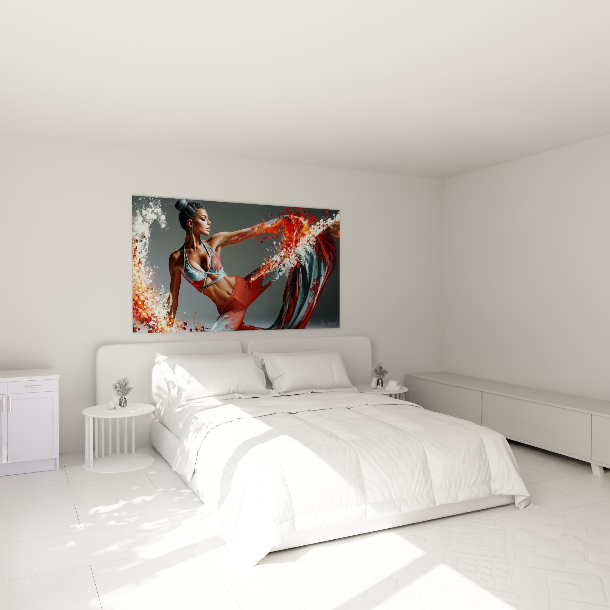 Silhouette yoga terracotta et bleu pastel en étirement extrême, accrochée au-dessus d'un lit dans une chambre claire