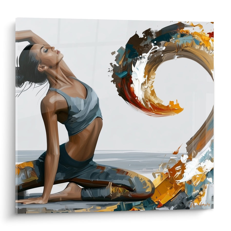 Tableau Yogini agenouillée aux teintes grises et dorées - Spirale en volutes - Edition yoga