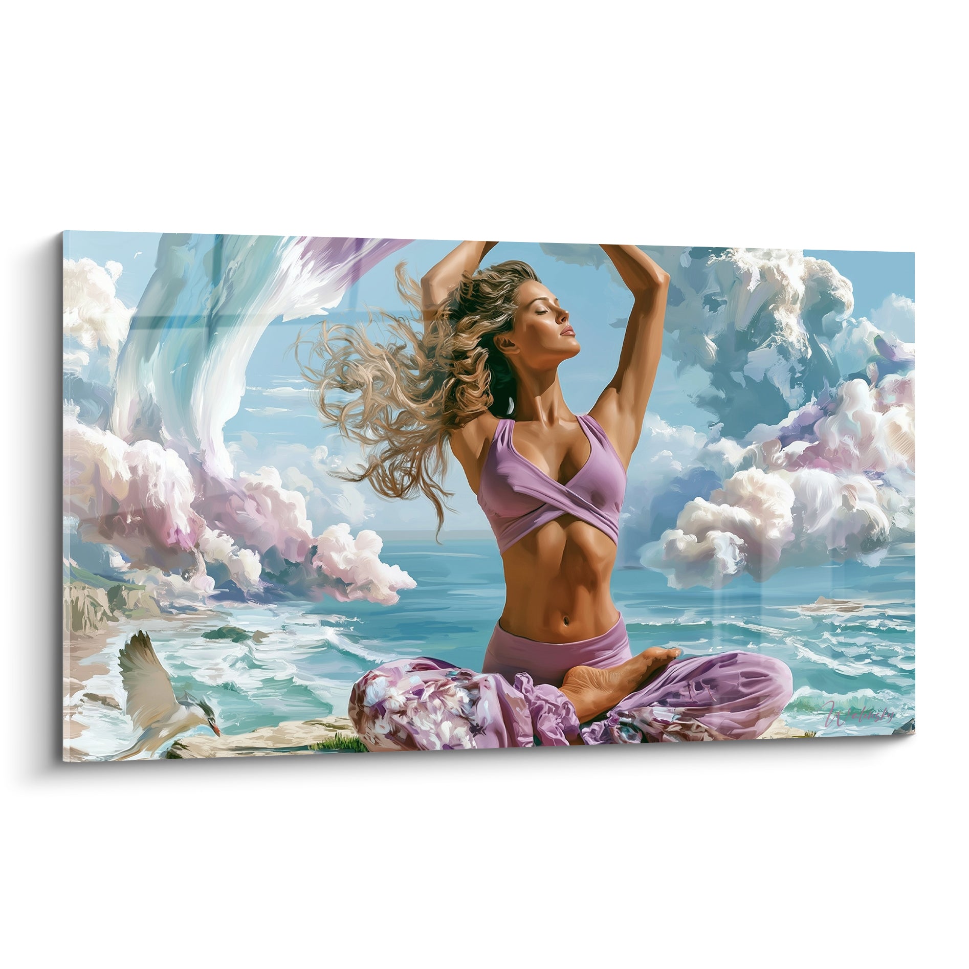 Femme en méditation yoga, tenue mauve, océan bleu turquoise et nuages roses en fond peint