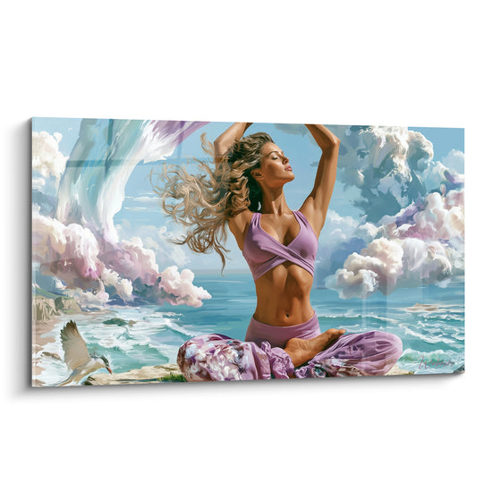 Tableau Femme méditant en tenue mauve océanique - Souffle marin - Edition yoga