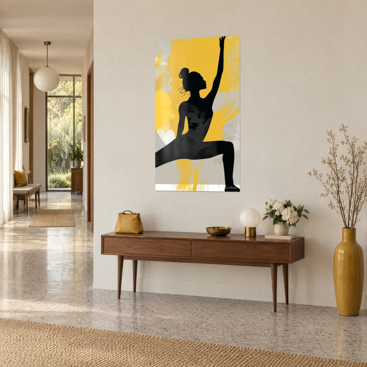 Wall art female silhouette with a bun, legs spread in a lunge, sunny yellow and pearl grey splashes on a beige wall